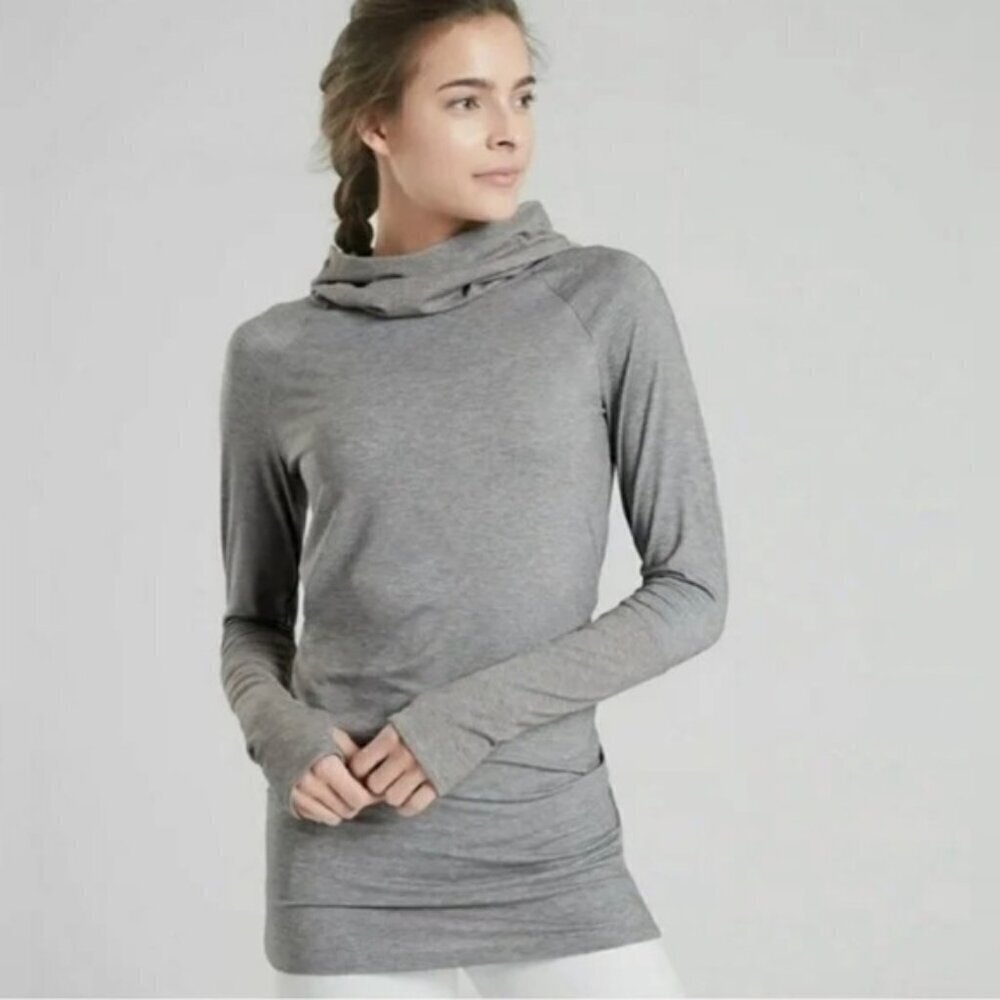 ATHLETA Essence Hooded Tunic Sweatshirt Lightweight Stretch Womens Size XS Grey